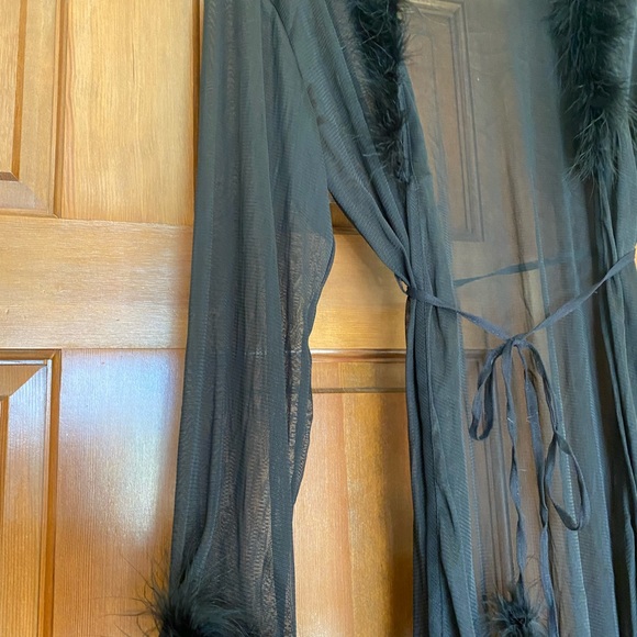 Robe, nighty and thong underwear set. Black with boa feather style trim accents. - Picture 5 of 10
